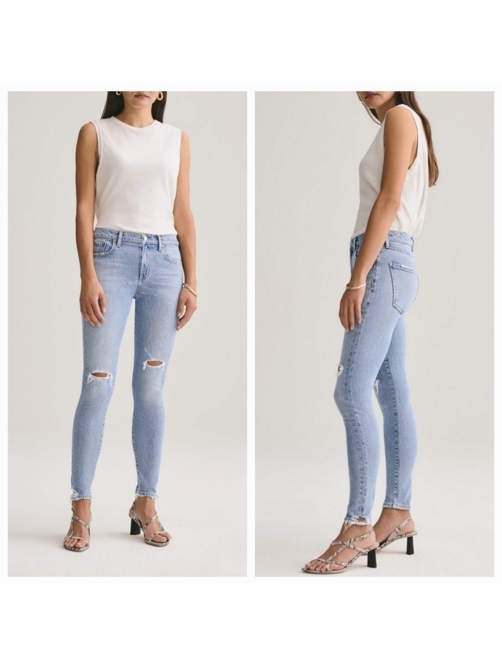 Agolde Light Blue Skinny High-Rise Jeans with Knee Rips